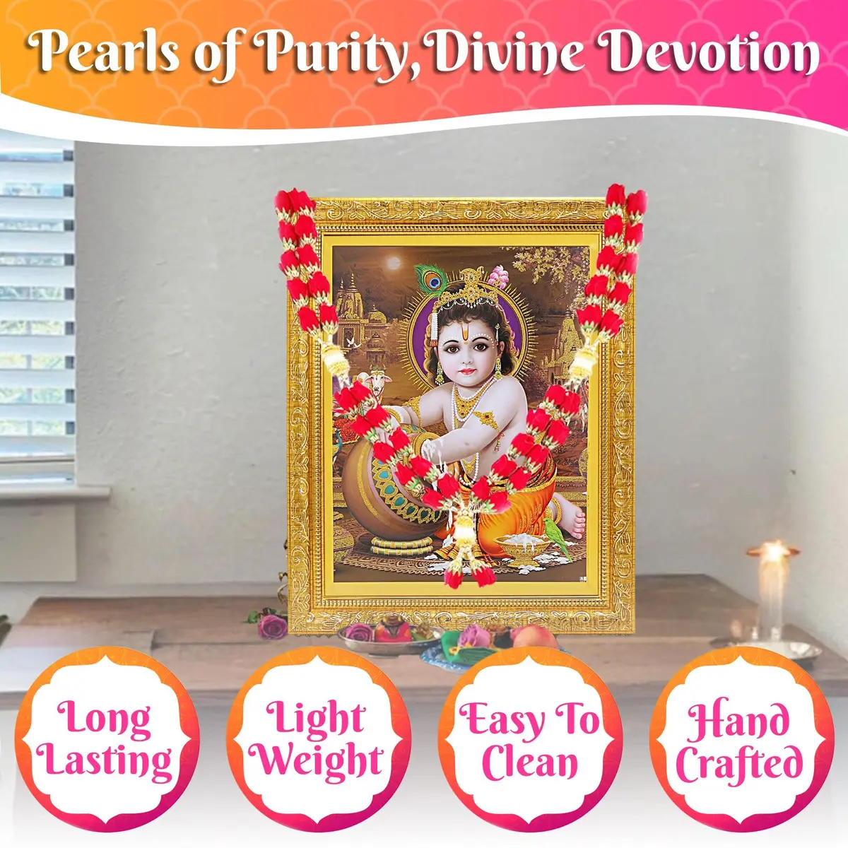 Bhakti Lehar 22 Inch Velvet Rose Garland for Photo Frame & Idol | Handmade Red Mala (24 Inch, Double Layer) - view 3