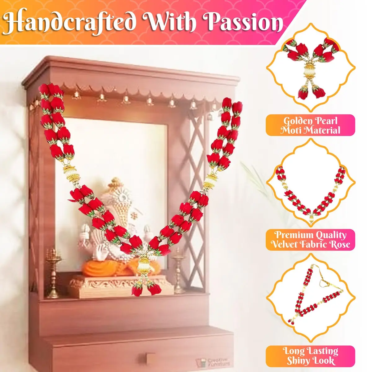 Bhakti Lehar 22 Inch Velvet Rose Garland for Photo Frame & Idol | Handmade Red Mala (24 Inch, Double Layer) - view 4