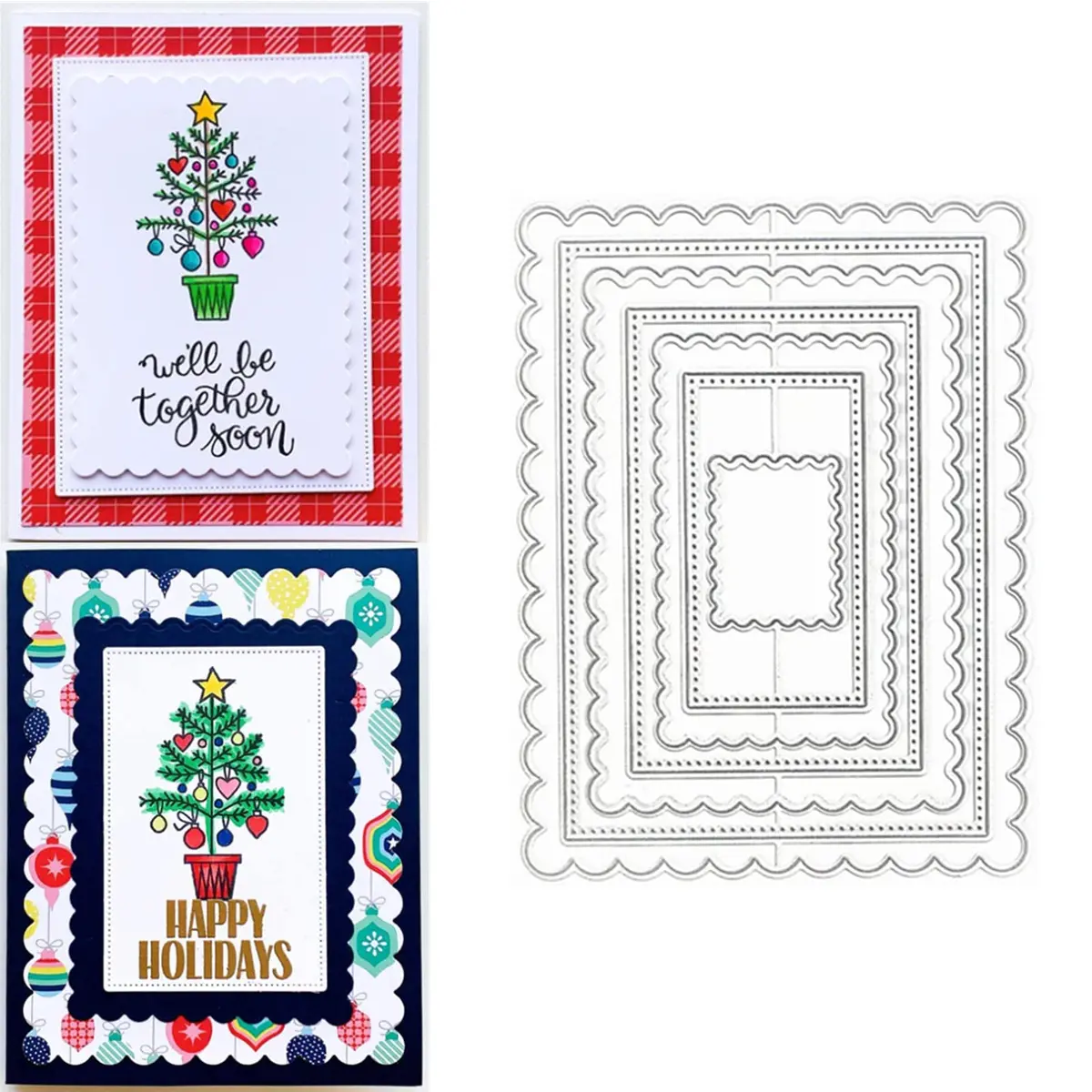 hinana Rectangle Frame Metal Die Cuts Set 13.8x10.5cm (5.43x4.13in) | Scallops Stitched Nesting Tag Background Cutting Dies for DIY Scrapbooking Album Decorative Embossing Paper Card Making - main product image