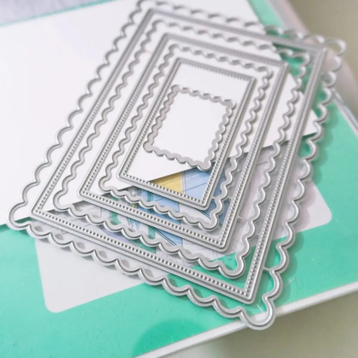 hinana Rectangle Frame Metal Die Cuts Set 13.8x10.5cm (5.43x4.13in) | Scallops Stitched Nesting Tag Background Cutting Dies for DIY Scrapbooking Album Decorative Embossing Paper Card Making - view 7