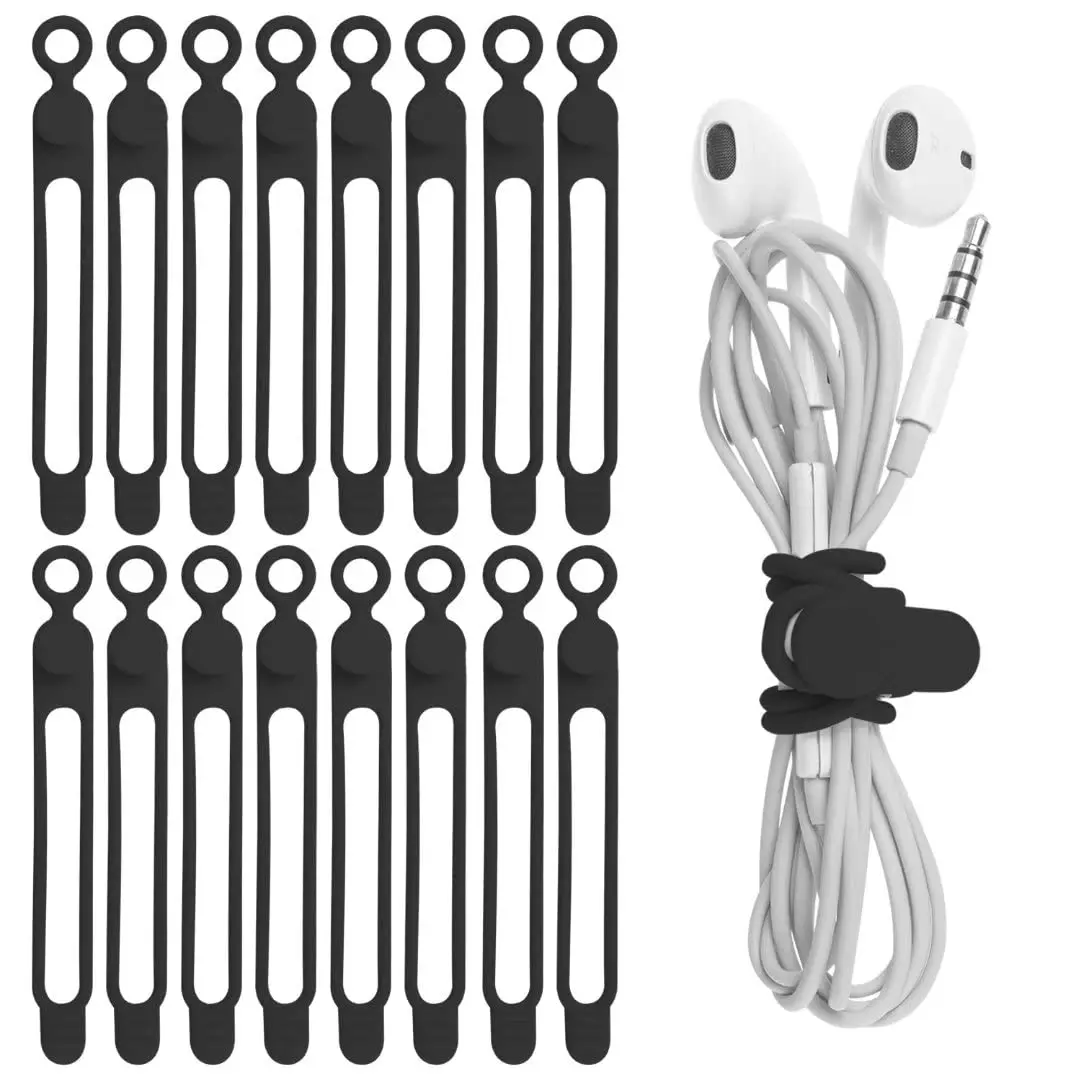 Nearockle Silicone Cable Ties, 16 Pcs, Black | Reusable, Elastic & Multifunctional Cable Organizer - main product image