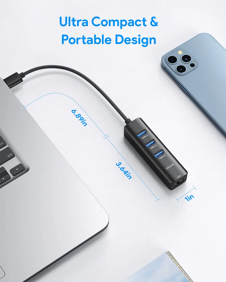 ABLEWE 4-in-1 USB C to Gigabit Ethernet Adapter with 3 USB 3.0 Ports Black | Multiport Hub for USB-C Devices - view 7