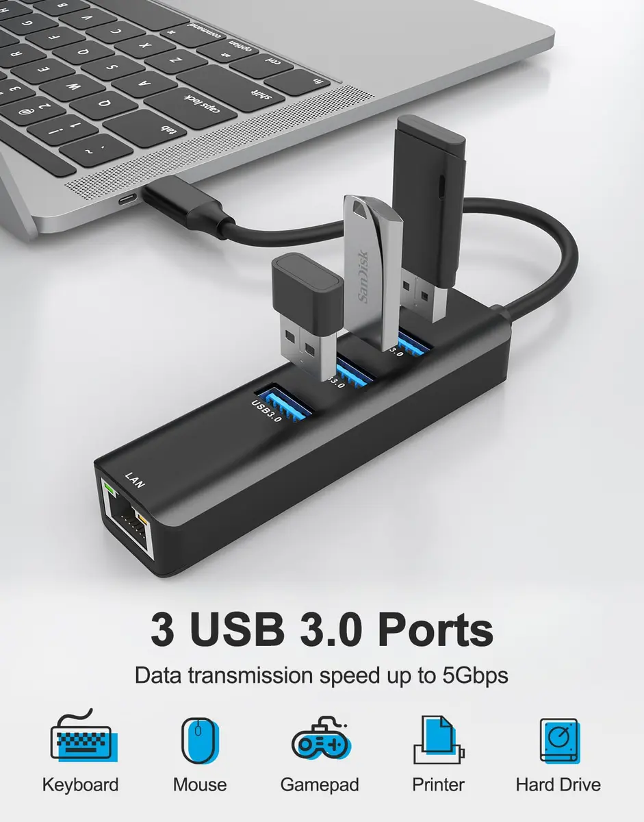 ABLEWE 4-in-1 USB C to Gigabit Ethernet Adapter with 3 USB 3.0 Ports Black | Multiport Hub for USB-C Devices - view 2