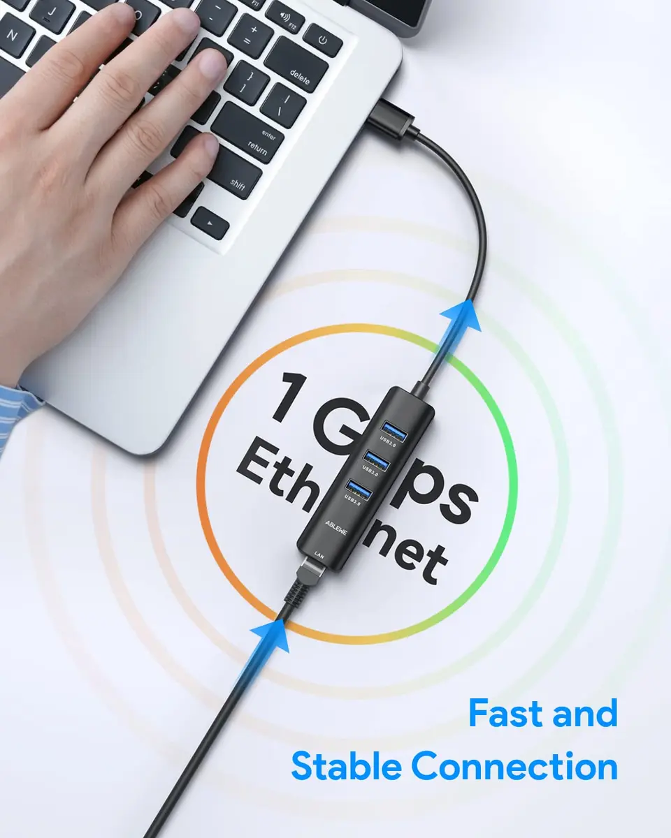 ABLEWE 4-in-1 USB C to Gigabit Ethernet Adapter with 3 USB 3.0 Ports Black | Multiport Hub for USB-C Devices - view 3