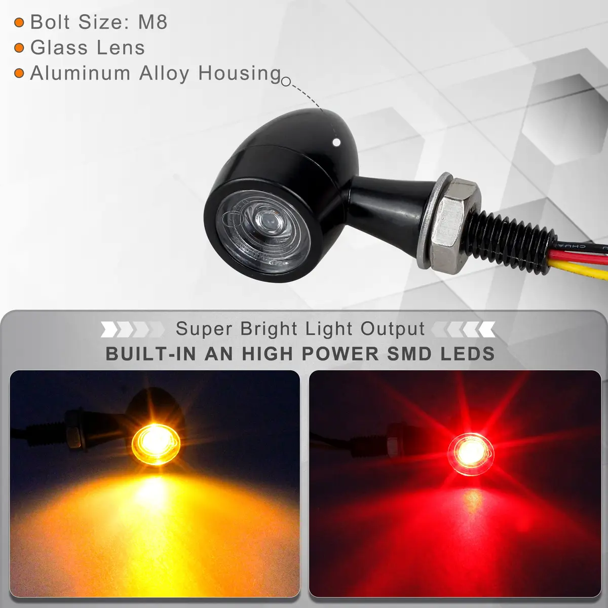 QUASCO Motorcycle LED Turn Signals Amber/Red | Universal 12V Blinkers for Harley Honda Suzuki Yamaha - view 2