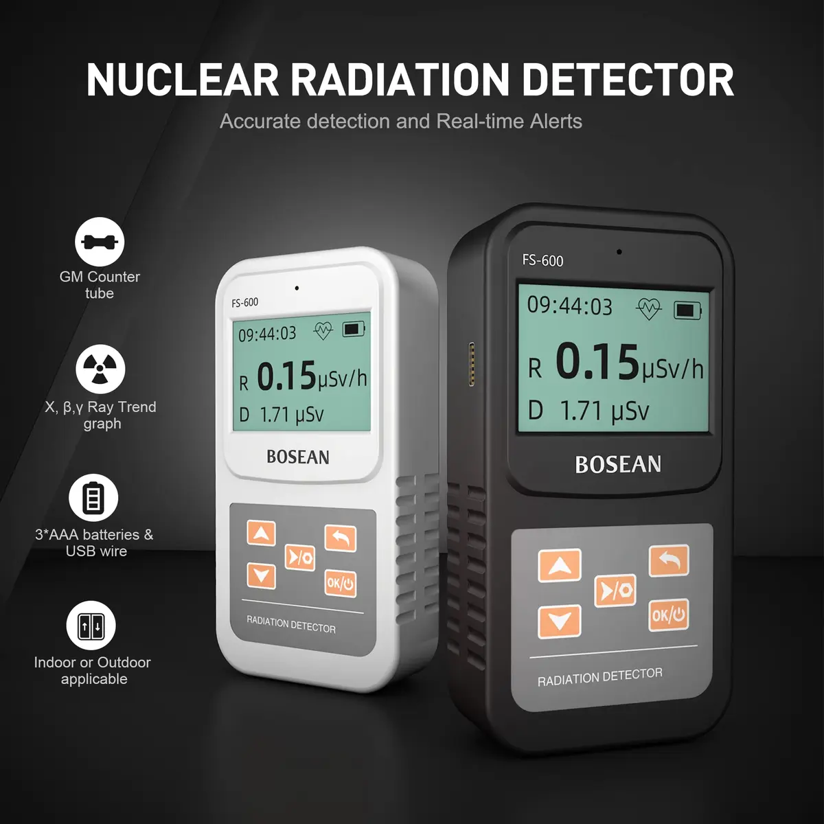 MOESAPU FS-600 Nuclear Radiation Detector Geiger Counter with Click Sound for Beta Gamma X-ray, Portable Alarm Radioactive Dosimeter 156 g (0.34 lb) - view 2