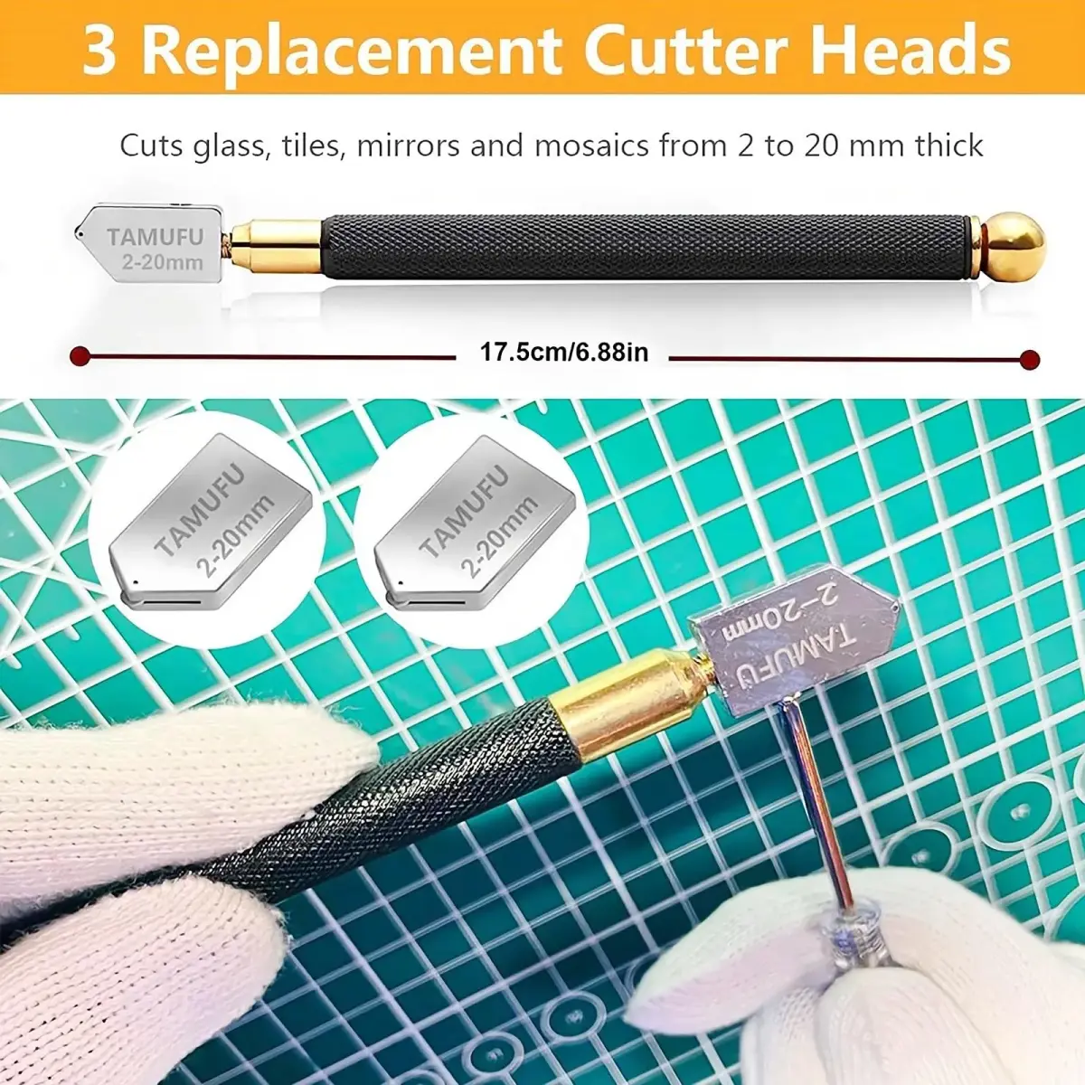 TAMUFU Glass Cutter Tool with Automatic Oil Feed, 2-20mm Cutting Range | 3 Carbide Tips & Ergonomic Handle - view 5