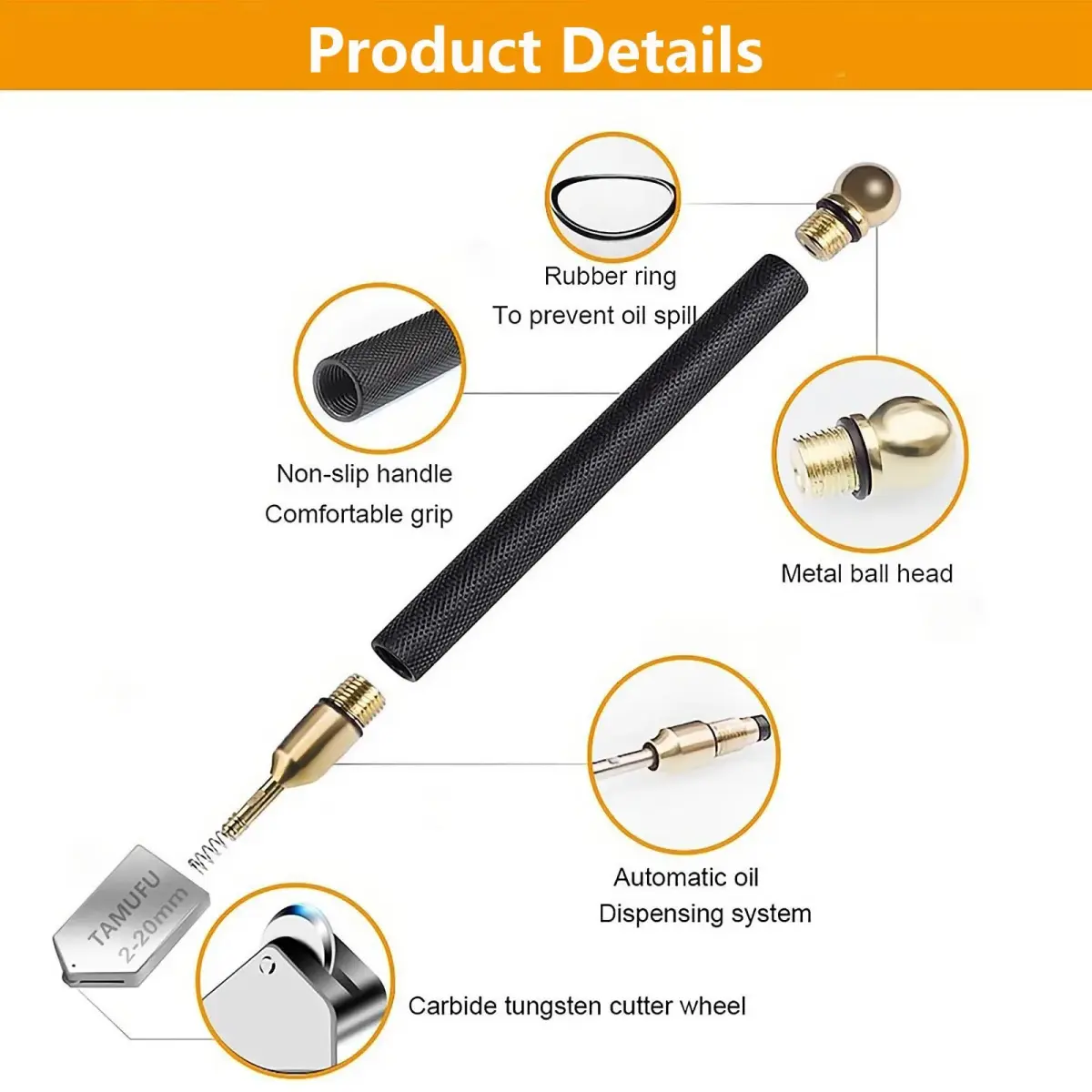 TAMUFU Glass Cutter Tool with Automatic Oil Feed, 2-20mm Cutting Range | 3 Carbide Tips & Ergonomic Handle - view 7