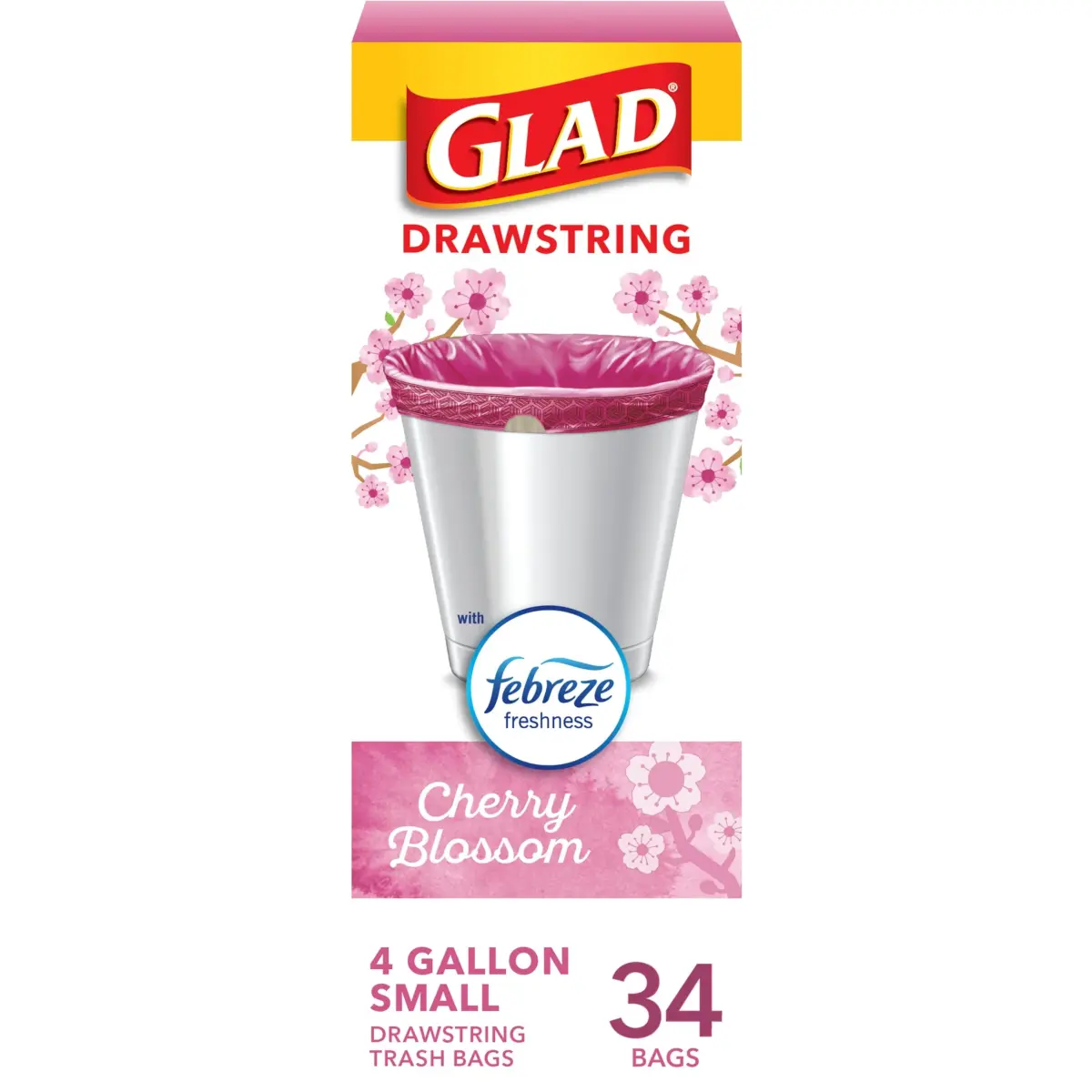 Glad 4 Gallon Trash Bags with Febreze Cherry Blossom Scent | 34 Count Drawstring Bags - main product image