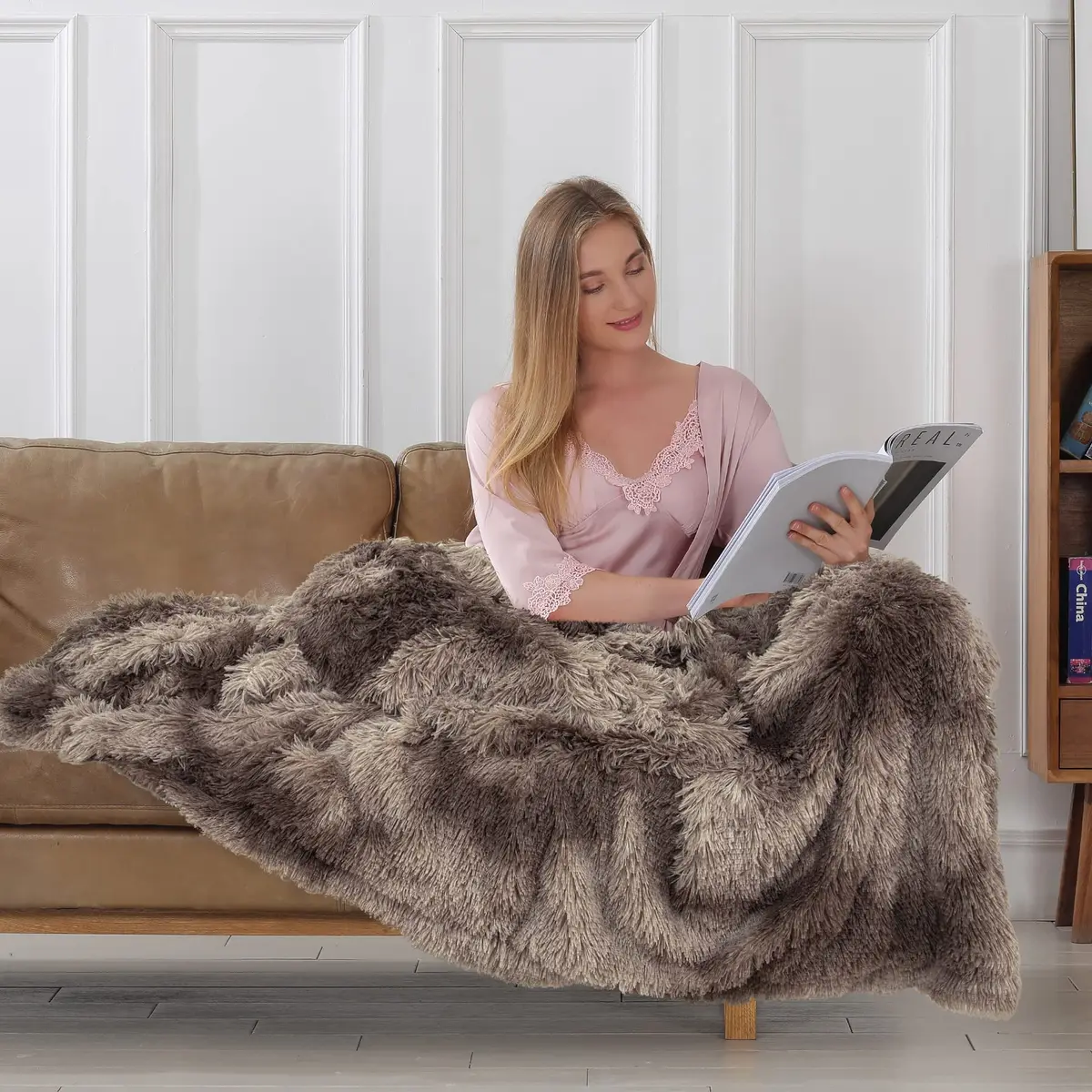 Tuddrom Tie Dye Brown Faux Fur Throw Blanket 127cm x 152cm | Soft, Lightweight, and Cozy for Couch and Bed - view 3