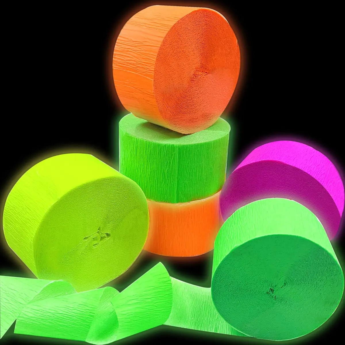 MFLUEEWR 420feet Blacklight Party Streamer Decorations 4 Rolls | Glow Crepe Paper for Neon Parties - main product image