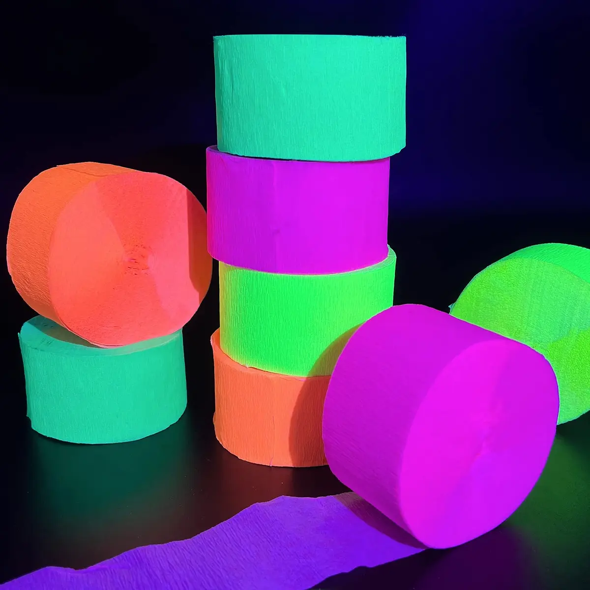MFLUEEWR Blacklight Party Streamer Decorations 8 Rolls 840ft Glow Crepe Paper | UV Reactive Neon Streamers for Parties - main product image