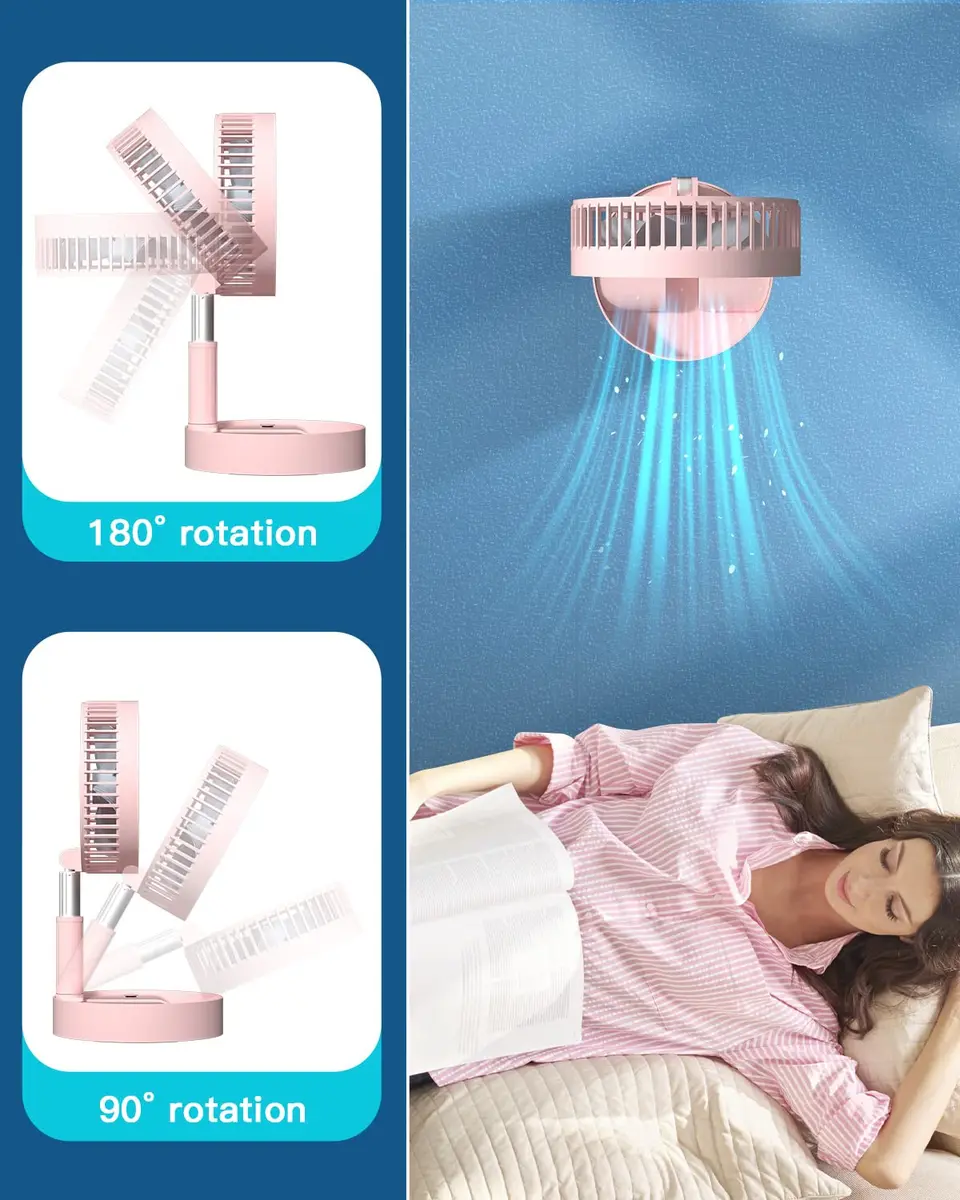 AICase Folding Portable Telescopic Fan Pink 7200mAh | 4 Speeds Super Quiet USB Desk Floor Fan - view 5