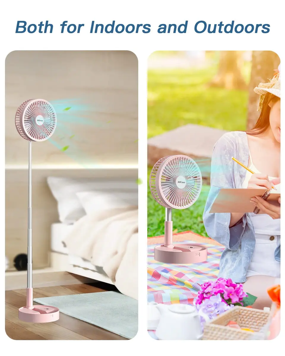 AICase Folding Portable Telescopic Fan Pink 7200mAh | 4 Speeds Super Quiet USB Desk Floor Fan - view 6