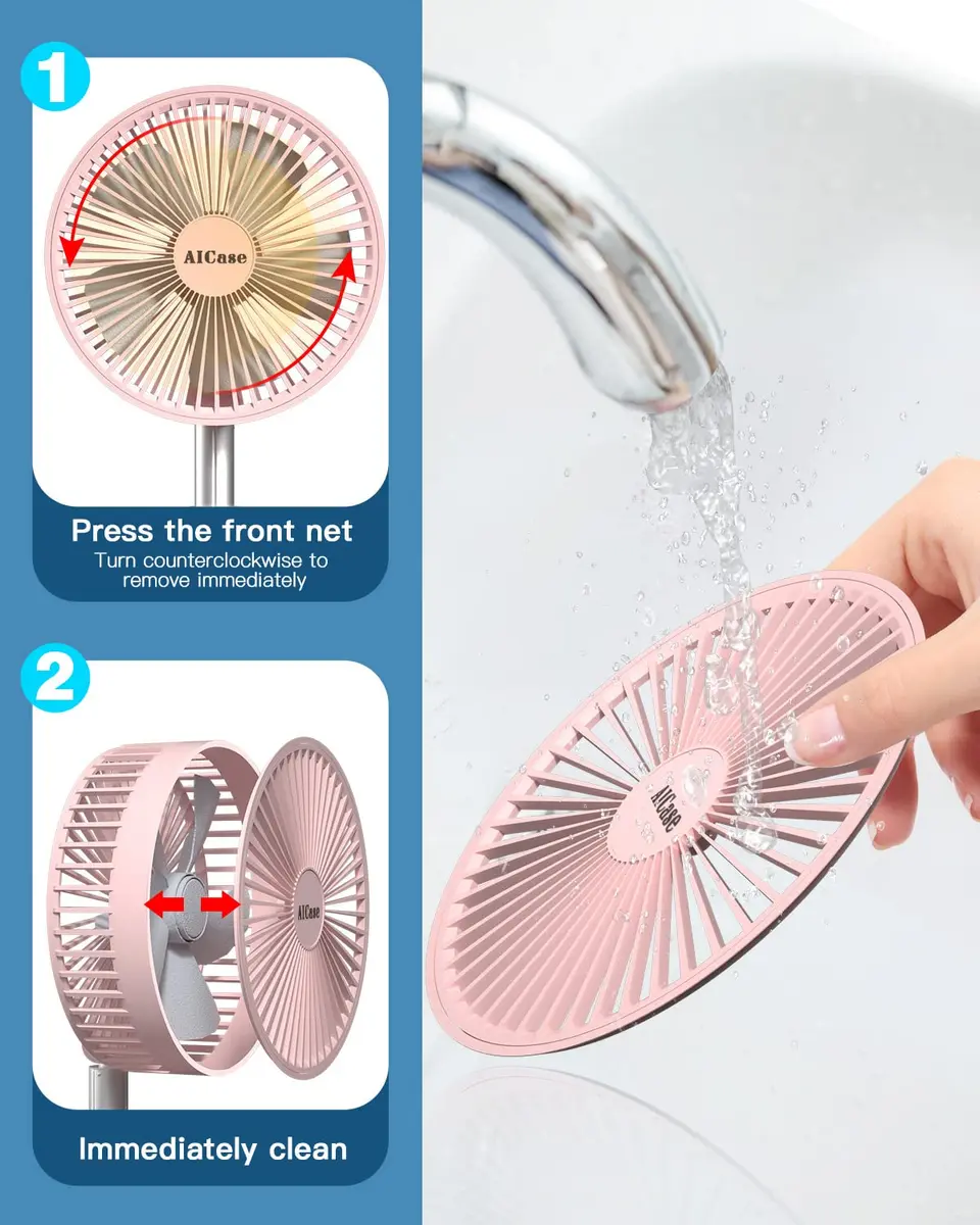 AICase Folding Portable Telescopic Fan Pink 7200mAh | 4 Speeds Super Quiet USB Desk Floor Fan - view 7