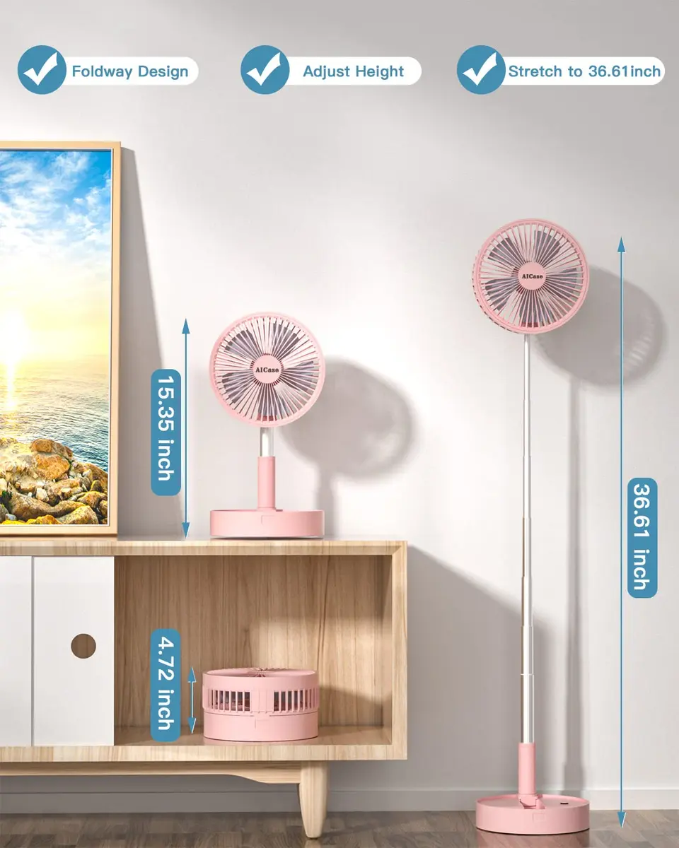 AICase Folding Portable Telescopic Fan Pink 7200mAh | 4 Speeds Super Quiet USB Desk Floor Fan - view 2