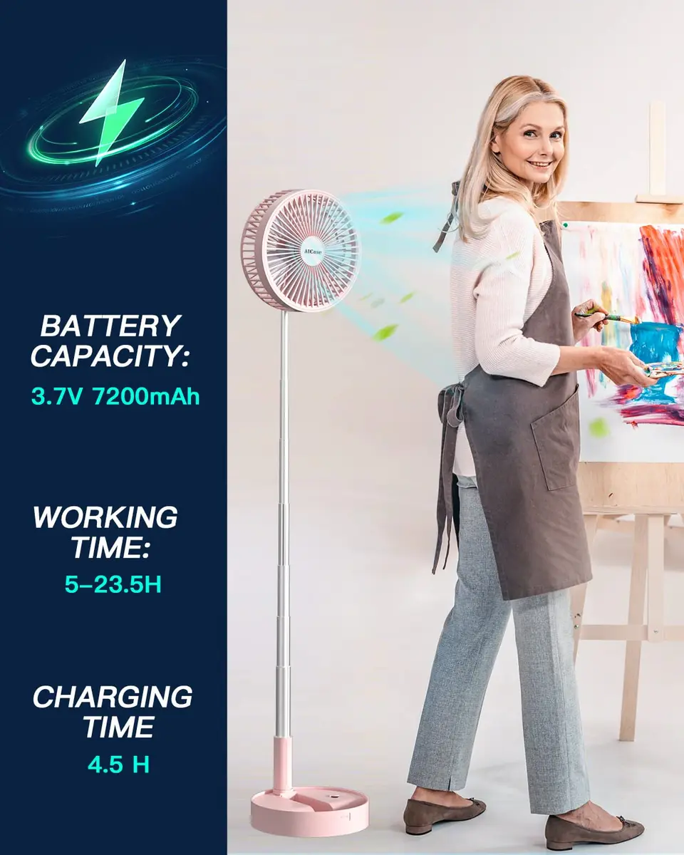 AICase Folding Portable Telescopic Fan Pink 7200mAh | 4 Speeds Super Quiet USB Desk Floor Fan - view 3