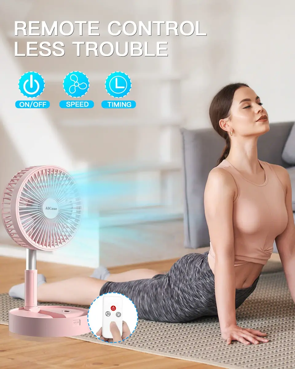 AICase Folding Portable Telescopic Fan Pink 7200mAh | 4 Speeds Super Quiet USB Desk Floor Fan - view 4