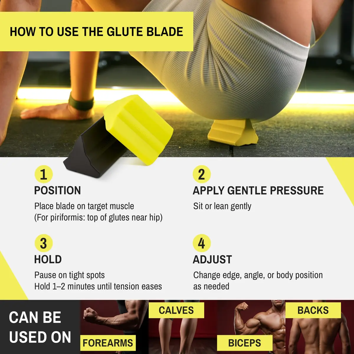 GLUTE BLADE Piriformis Massage Roller, Medium Density, Yellow | Deep Trigger Point Relief for Sciatica & Hip Tension - view 4