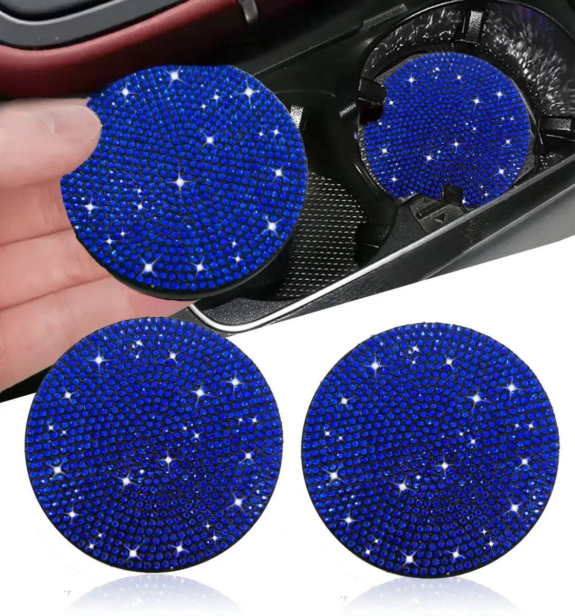 NBTEPEM Bling Car Cup Holder Coasters 2.75 inch, 2 Pcs, Blue | Sparkle & Protect Your Car Interior - main product image