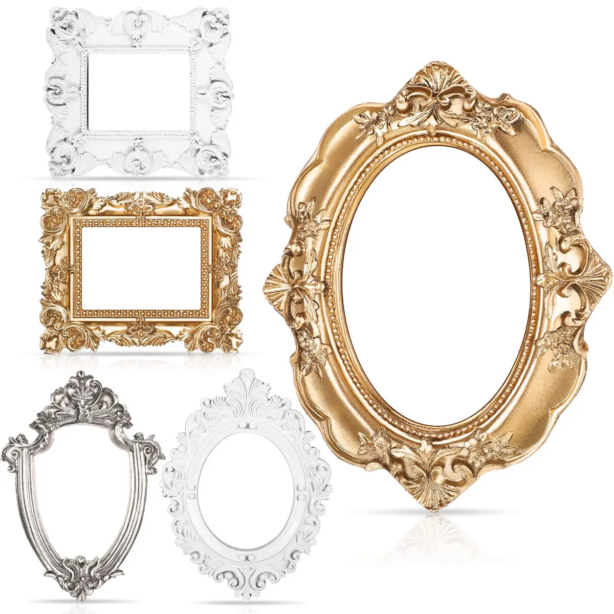 Yalikop Vintage Ornate Resin Picture Frames Set of 5 | 12.5cm x 10.16cm (4.92 x 4 in) Gold White Silver - main product image