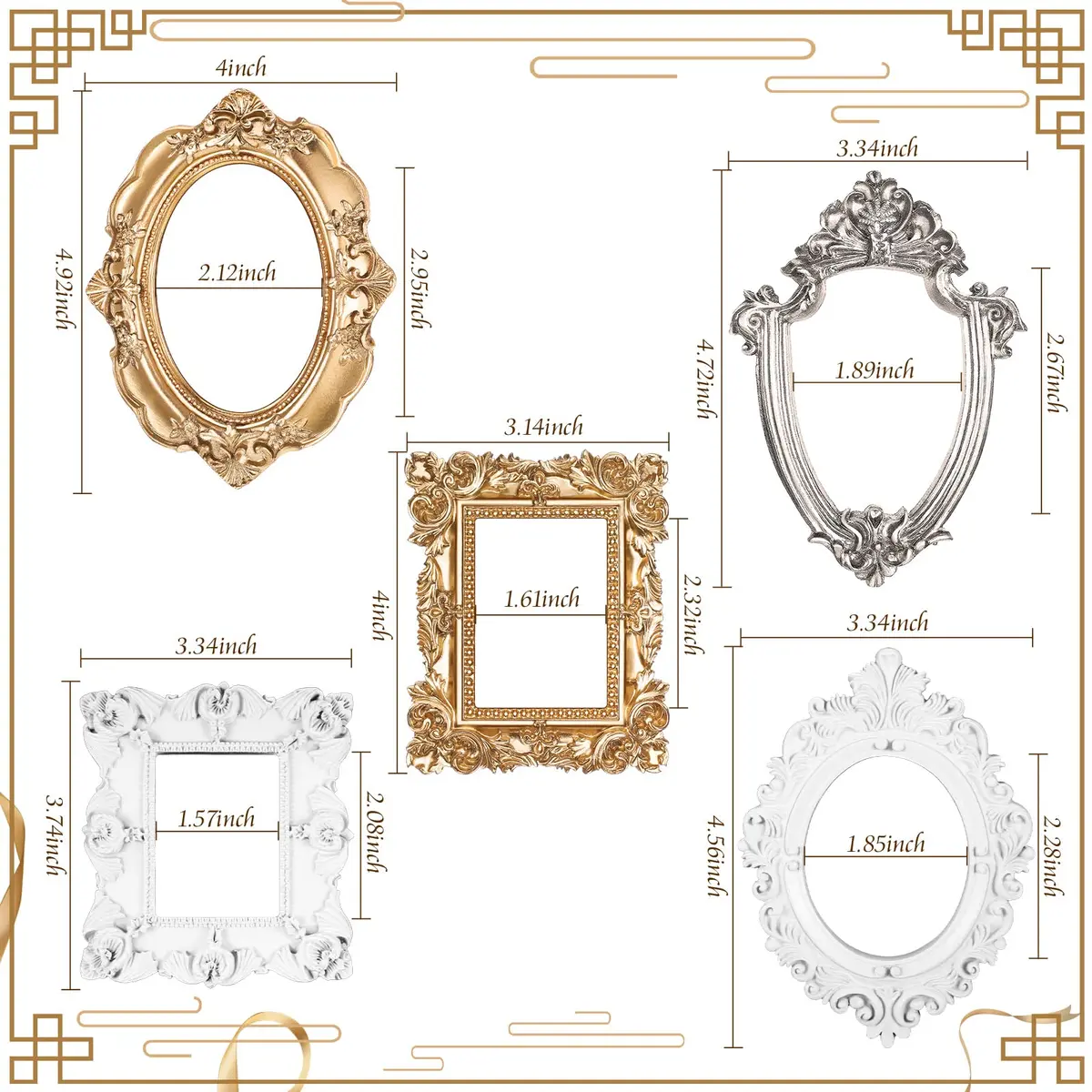 Yalikop Vintage Ornate Resin Picture Frames Set of 5 | 12.5cm x 10.16cm (4.92 x 4 in) Gold White Silver - view 3
