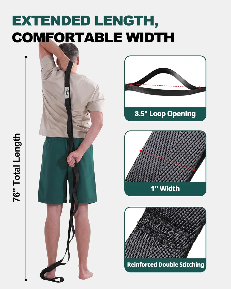 Trideer Stretching Strap Yoga Strap Physical Therapy 75"x1" | Non-Elastic, Sturdy Polyester for Home & Gym (Black) - view 5