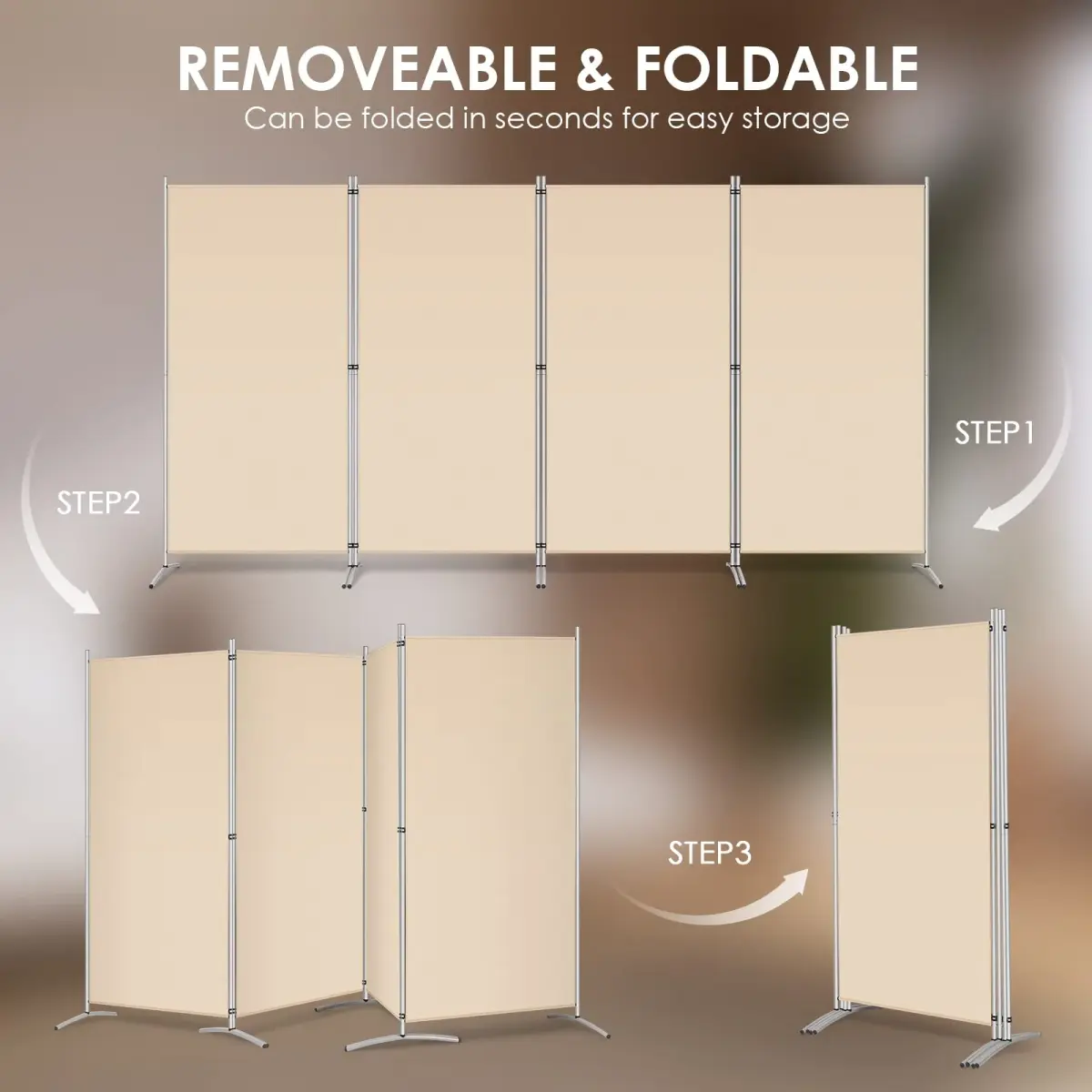 RANTILA 4 Panel Room Divider 71" (180 cm) Tall Folding Privacy Screen | Freestanding Beige Partition - view 5