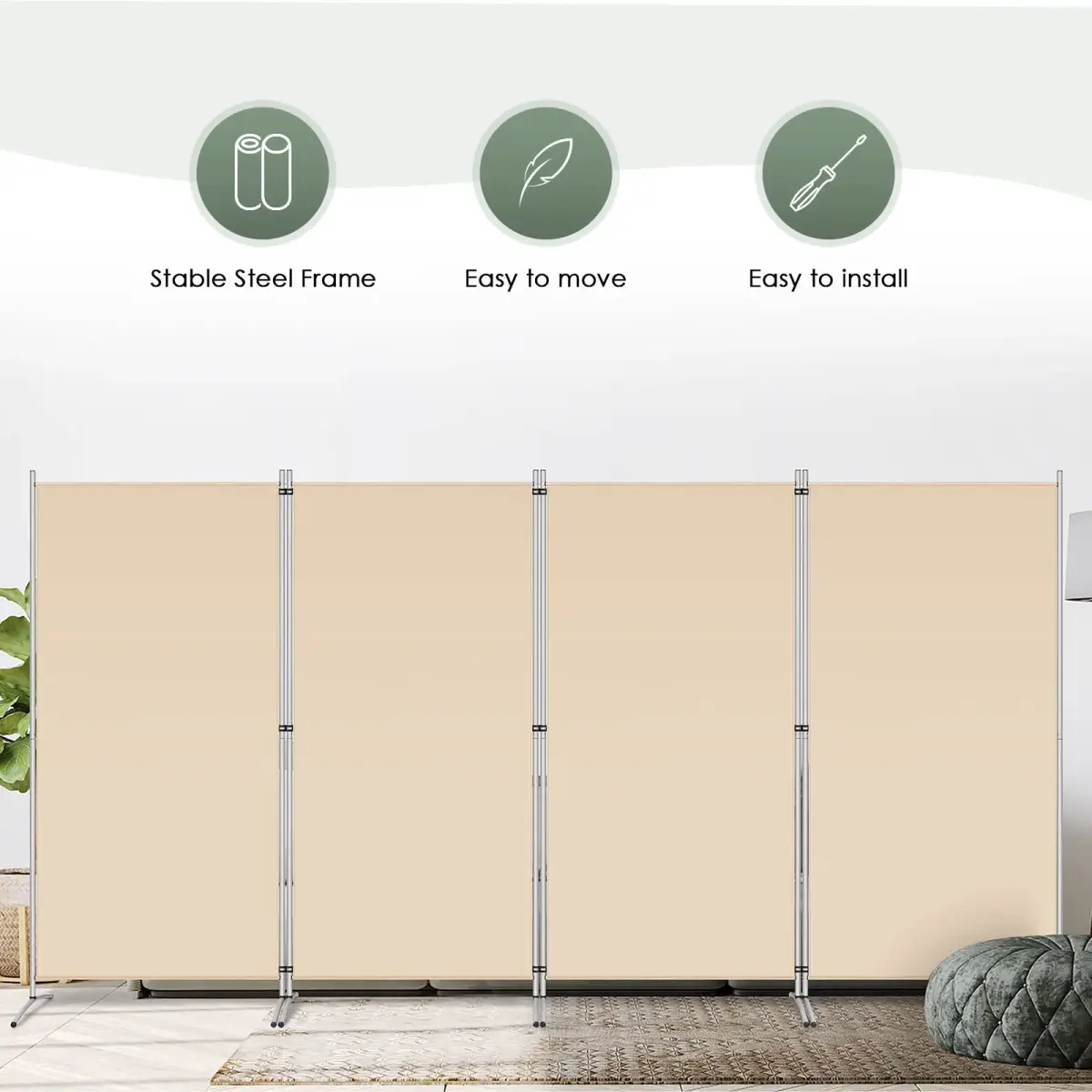 RANTILA 4 Panel Room Divider 71" (180 cm) Tall Folding Privacy Screen | Freestanding Beige Partition - view 6