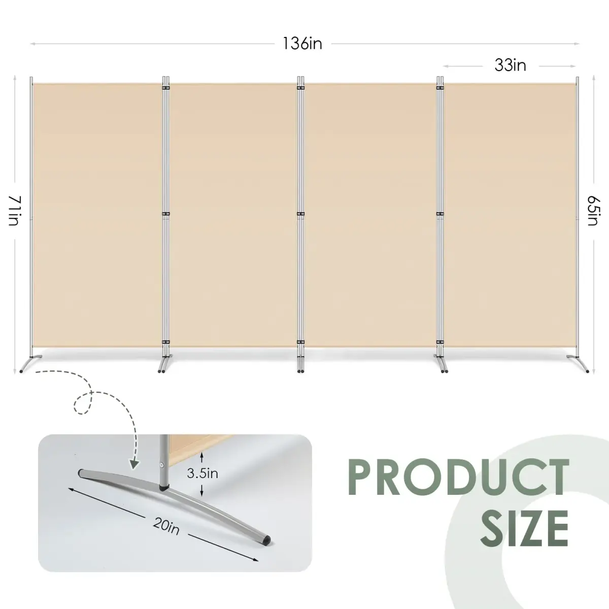 RANTILA 4 Panel Room Divider 71" (180 cm) Tall Folding Privacy Screen | Freestanding Beige Partition - view 2