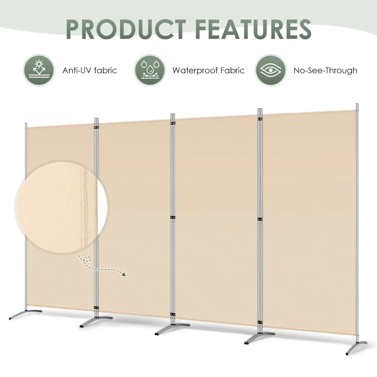 RANTILA 4 Panel Room Divider 71" (180 cm) Tall Folding Privacy Screen | Freestanding Beige Partition - view 3