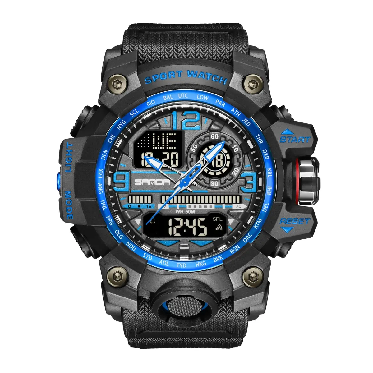 KXAITO Men's Sports Outdoor Waterproof Military Watch with Date, Alarm, Stopwatch (Black Blue, 58mm Case) - main product image