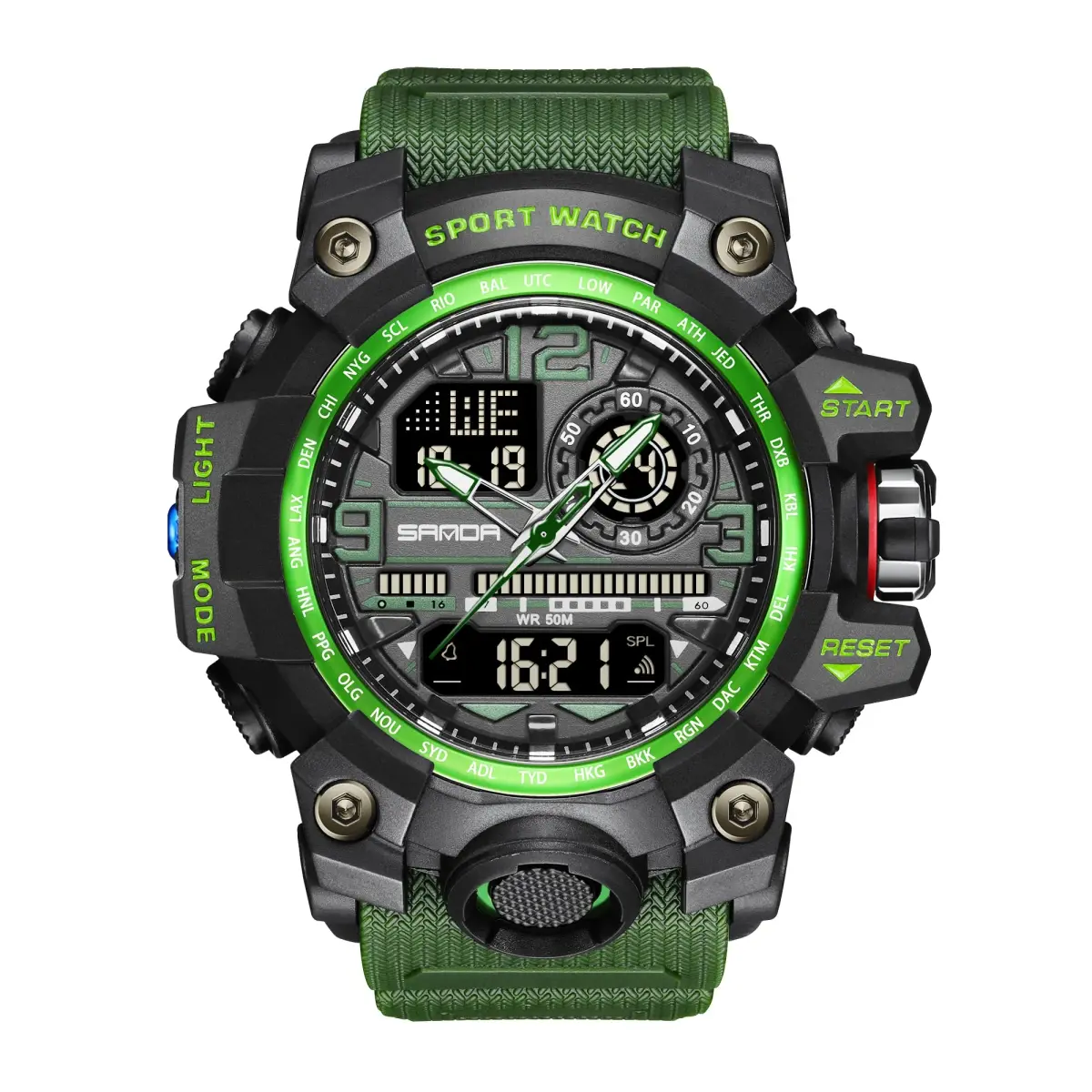 KXAITO Men's Military Sports Watch 58mm (2.28") | Dual Time Analog Digital Green - main product image