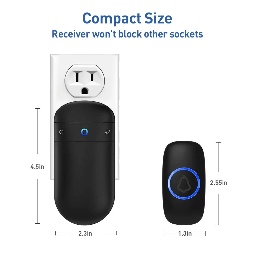 SECRUI Wireless Doorbell Kit with 1000ft Range & 58 Chimes | Black, 1 Receiver 1 Push Button - view 6