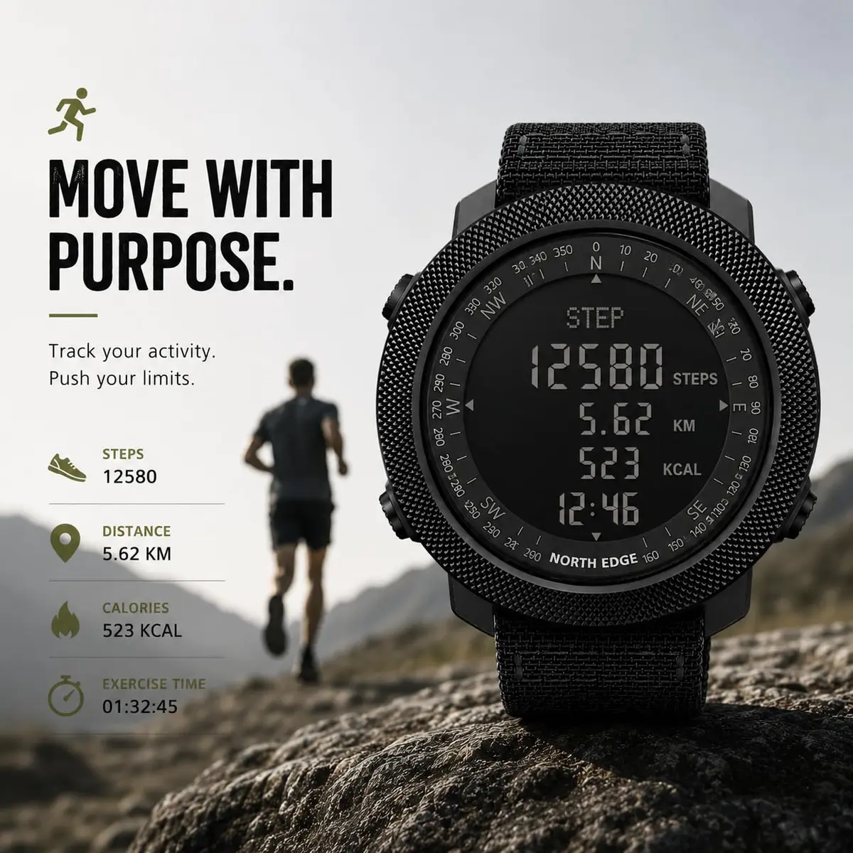 NORTH EDGE Apache 50mm Digital Watch for Men | Rugged Outdoor Companion with Altimeter, Barometer, Compass - view 5