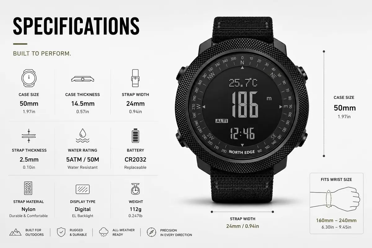 NORTH EDGE Apache 50mm Digital Watch for Men | Rugged Outdoor Companion with Altimeter, Barometer, Compass - view 6