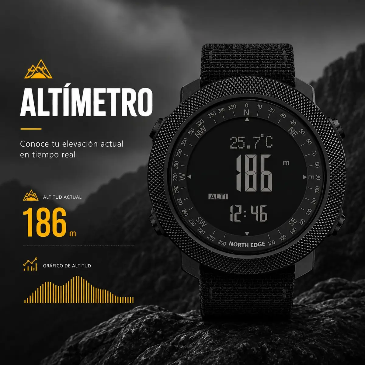 NORTH EDGE Apache 50mm Digital Watch for Men | Rugged Outdoor Companion with Altimeter, Barometer, Compass - view 2