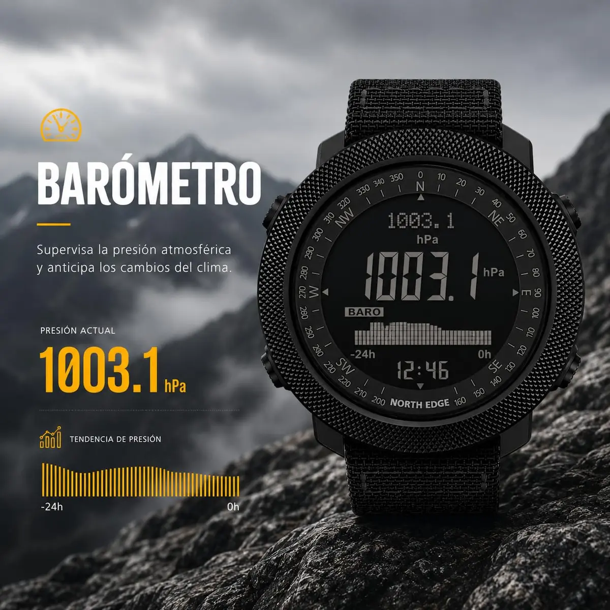 NORTH EDGE Apache 50mm Digital Watch for Men | Rugged Outdoor Companion with Altimeter, Barometer, Compass - view 3