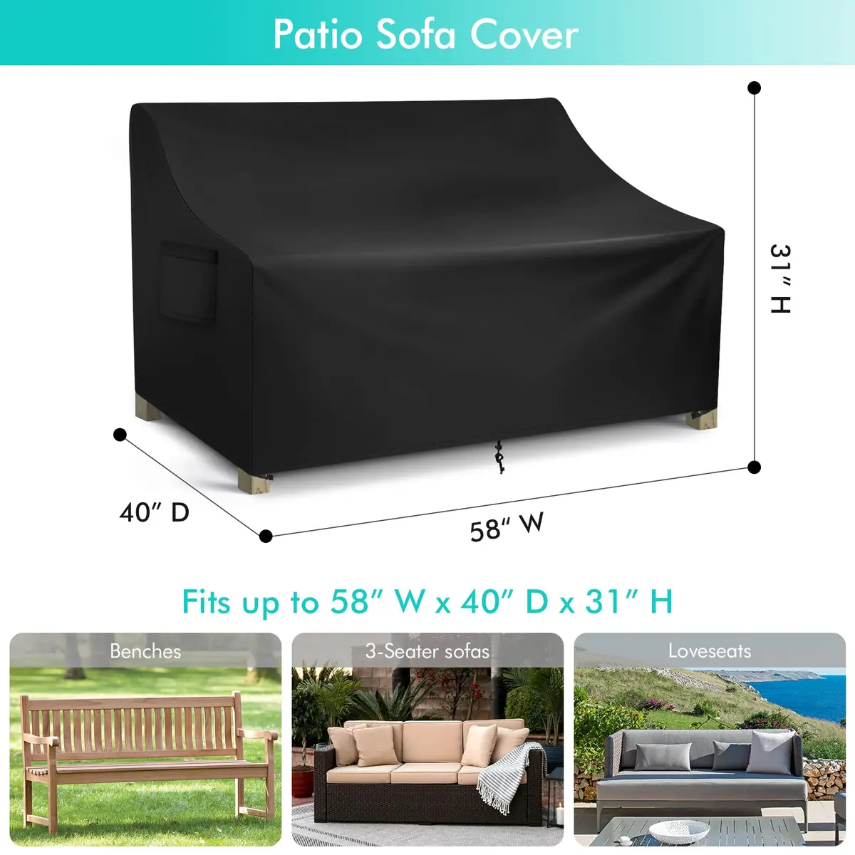 WLEAFJ Patio Sofa Cover Waterproof, Outdoor Loveseat Cover, Heavy Duty Outdoor Couch Cover, 58" W x 40" D x 31" H - view 2