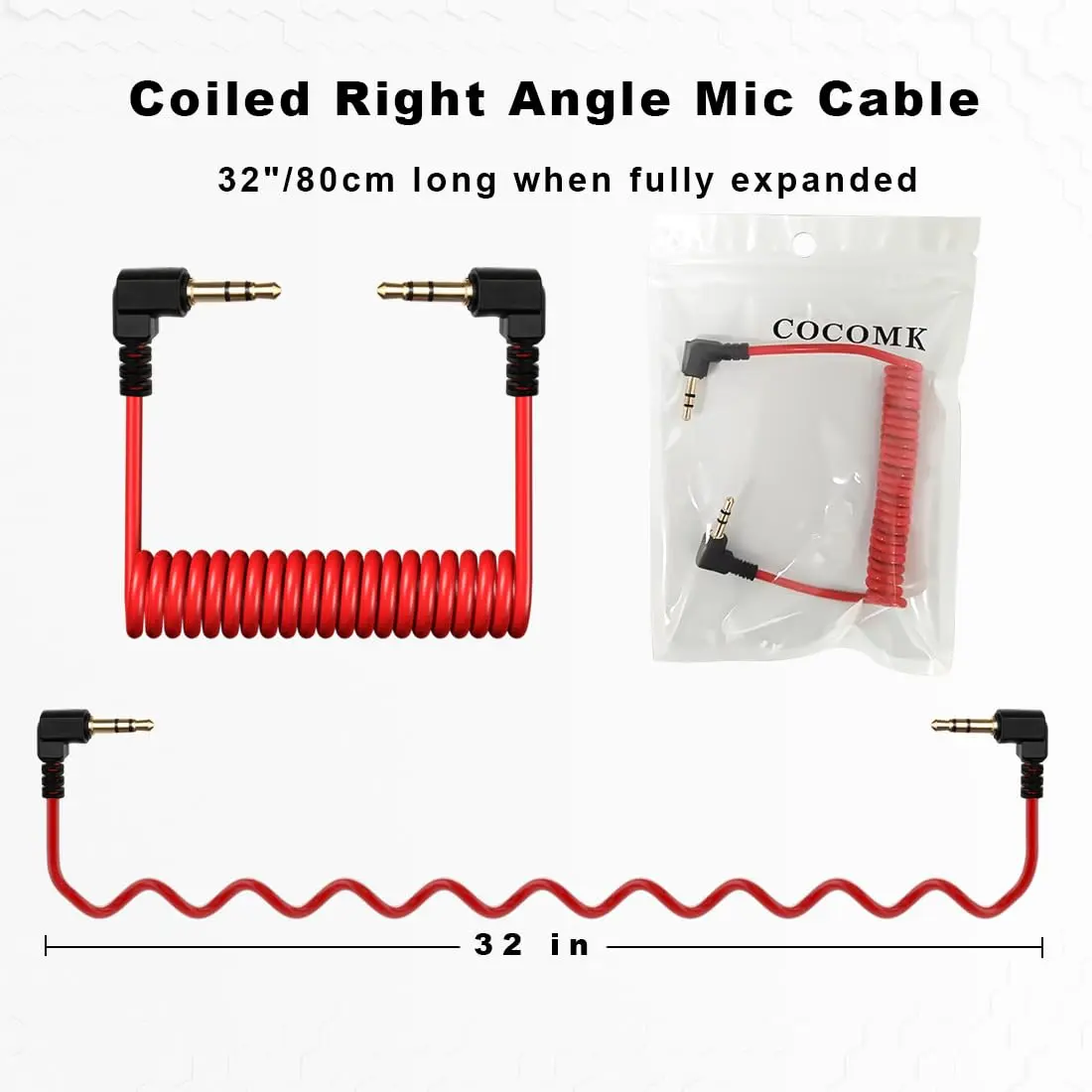 COCOMK Coiled 3.5mm TRS to TRS Microphone Patch Cable 80cm (32") Red | High Fidelity Sound for Cameras & Audio Devices - view 7