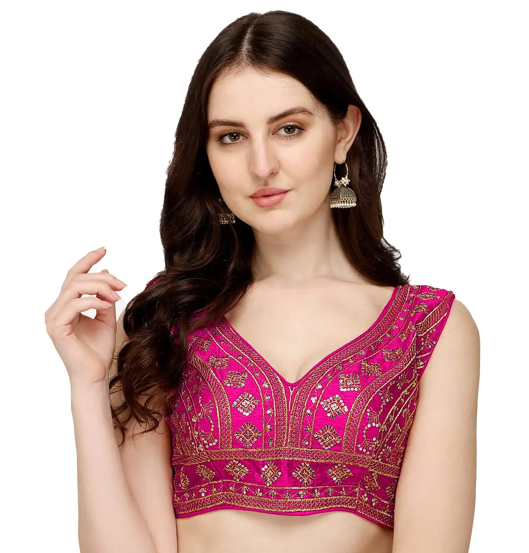 Pujia Mills Women's Phantom Silk Embroidery Zari Work Readymade Saree Blouse, Pink, 38 (100g) - main product image