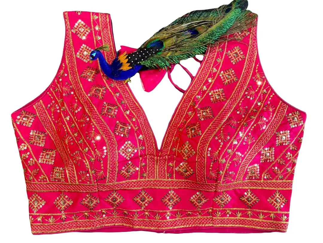Pujia Mills Women's Phantom Silk Embroidery Zari Work Readymade Saree Blouse, Pink, 38 (100g) - view 5