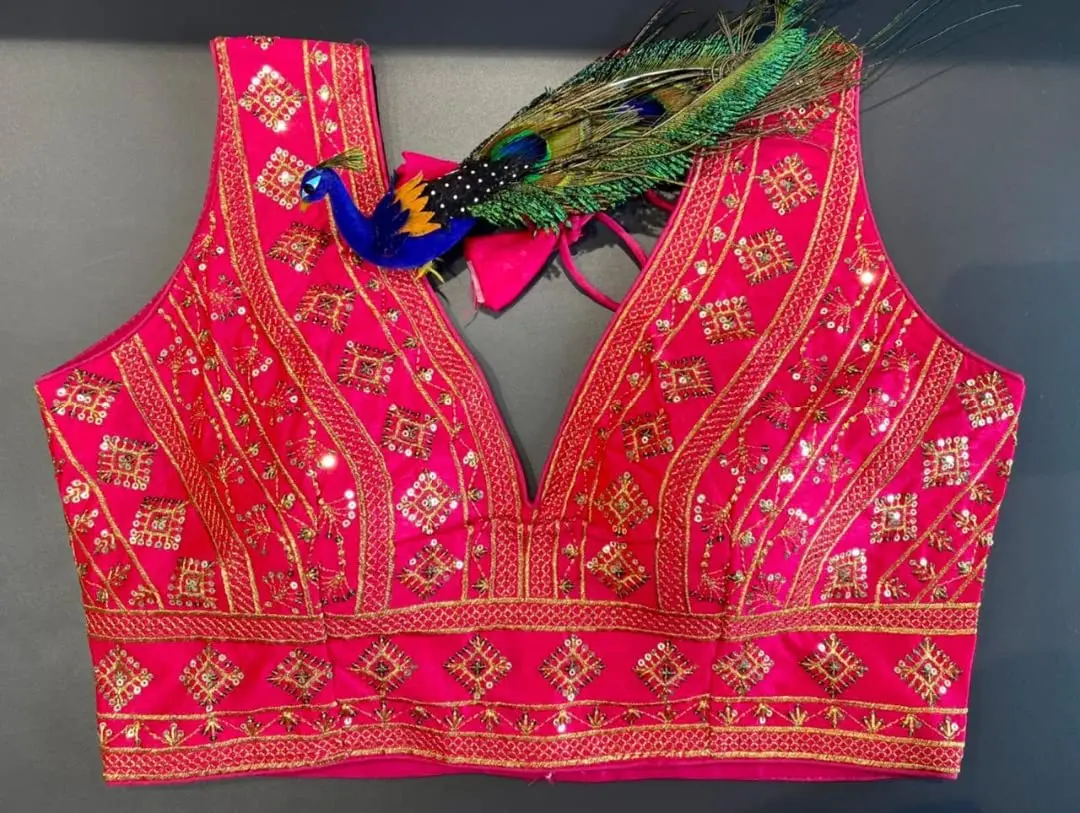 Pujia Mills Women's Phantom Silk Embroidery Zari Work Readymade Saree Blouse, Pink, 38 (100g) - view 6