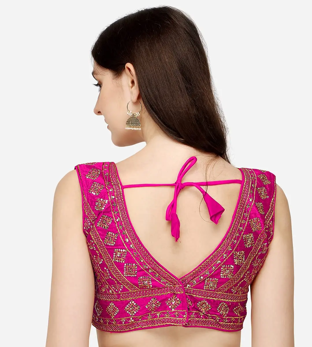 Pujia Mills Women's Phantom Silk Embroidery Zari Work Readymade Saree Blouse, Pink, 38 (100g) - view 2