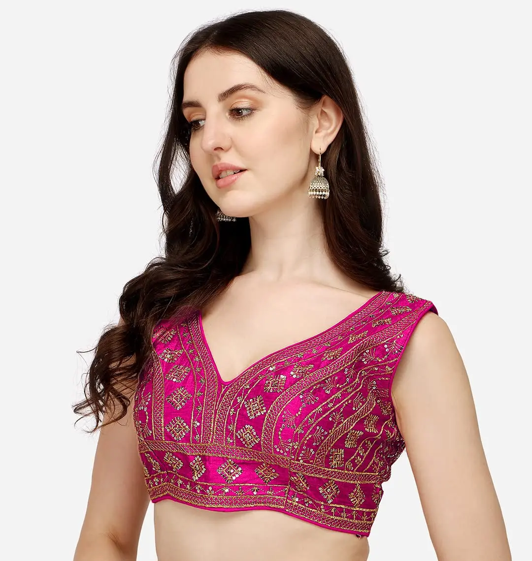 Pujia Mills Women's Phantom Silk Embroidery Zari Work Readymade Saree Blouse, Pink, 38 (100g) - view 3