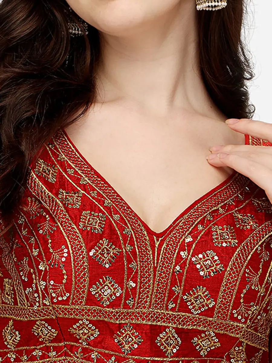 Pujia Mills Ladies Silk Sequin Sari Blouse 38 (96.52 cm) | Red V-Neck Padded Blouse with Zari Embroidery - view 4
