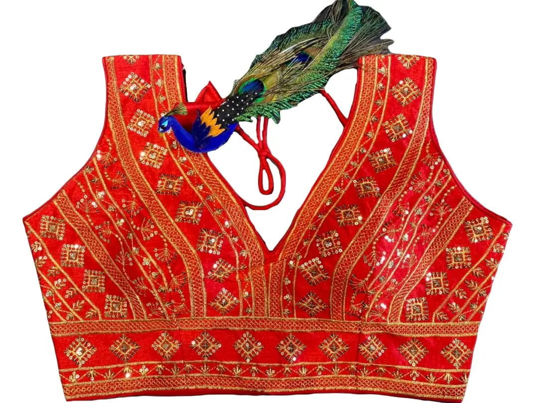 Pujia Mills Ladies Silk Sequin Sari Blouse 38 (96.52 cm) | Red V-Neck Padded Blouse with Zari Embroidery - view 5