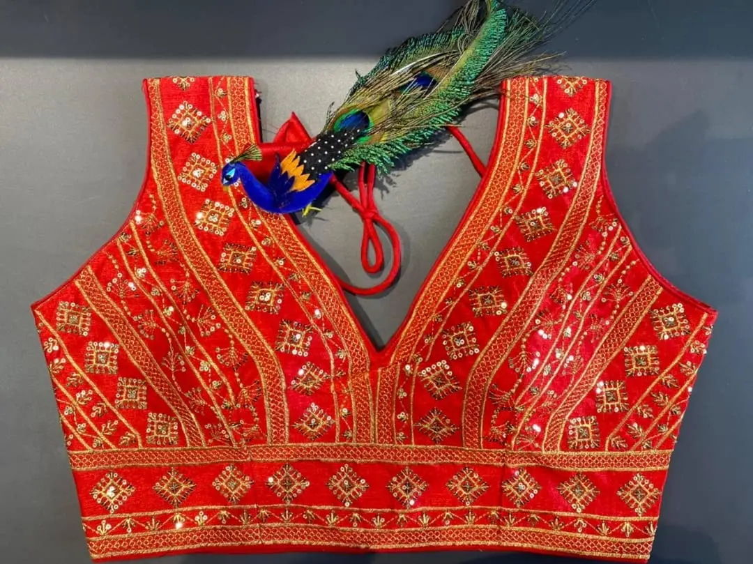 Pujia Mills Ladies Silk Sequin Sari Blouse 38 (96.52 cm) | Red V-Neck Padded Blouse with Zari Embroidery - view 6