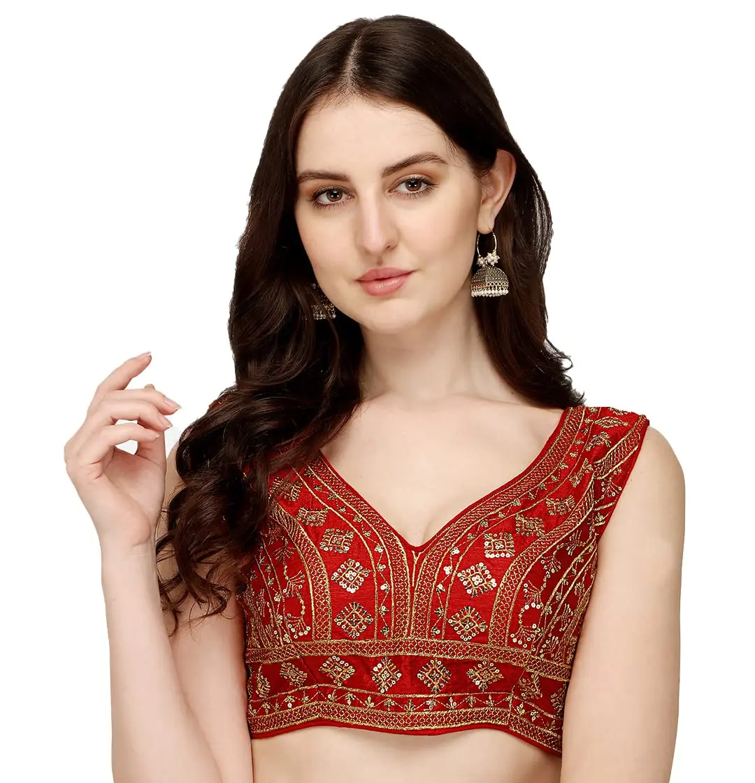 Pujia Mills Ladies Silk Sequin Sari Blouse 38 (96.52 cm) | Red V-Neck Padded Blouse with Zari Embroidery - main product image