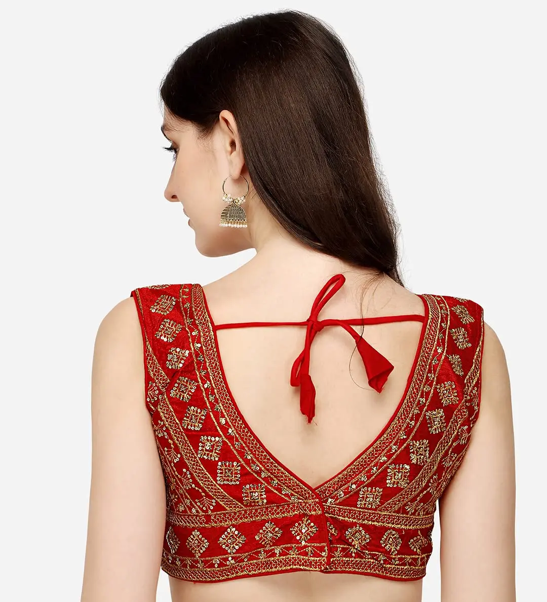 Pujia Mills Ladies Silk Sequin Sari Blouse 38 (96.52 cm) | Red V-Neck Padded Blouse with Zari Embroidery - view 2